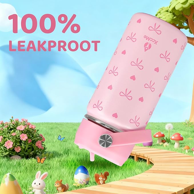 Kids Water Bottle With Straw Lid,Pink Bow 14 oz Stainless Steel Travel Bottle,Double Wall Leak Proof Kids Cup,Insulated Tumbler for Toddlers,Metal Bottle for School Boys Girls