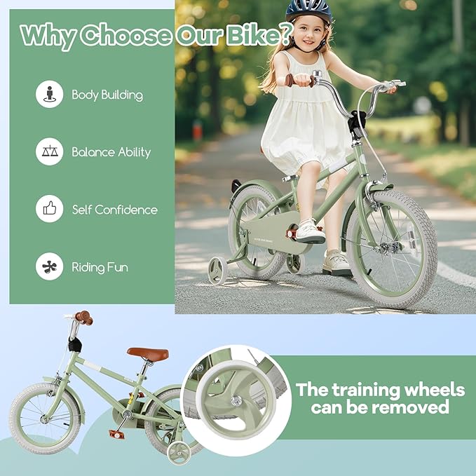 BABY JOY Colorful Macarons Kids Bike, 12 14 16 18 Inch Sporty Children's Bicycle with Training Wheels, Adjustable Handlebar & Saddle, Handbrake & Coaster Brake, Boys Girls Bike for 3-8 Years Old