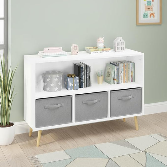Kids Bookshelf, Wooden Bookshelf with 3 Collapsible Fabric Drawers and Pine Legs, Kids Bookcase with Storage for Books & Toys, White Multifunctional Bookcase for Nursery & Bedroom