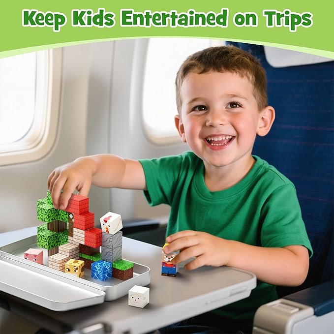 Magnetic Tiles Farm Animals Travel Toys, 35PCS Magnetic Blocks for Kids Ages 3-8, Portable STEM Building Cubes with Metal Storage Box, Toddler Learning Toys for Ages 3-5