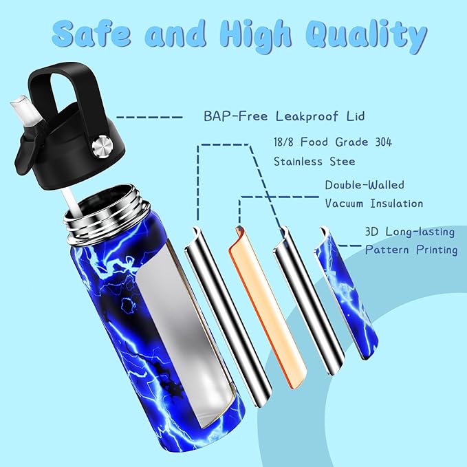 18oz Kids Insulated Water Bottle with Straw Lid - 18/8 Stainless Steel Kid Cup Travel Tumbler Double Wall Vacuum Leak Proof Portable Toddler Water Bottle (Lightning+Game）