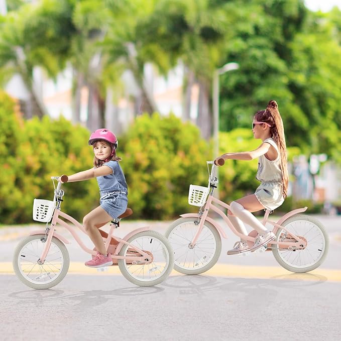 COSTWAY Kids Bike, 12 14 16 18 Inch Toddler Bike Children Bicycle w/Training Wheels, Hand & Coaster Brakes, Adjustable Saddle & Handlebar, Basket, Bell, Kids Bicycle for Girls Boys Aged 3-8 Years Old