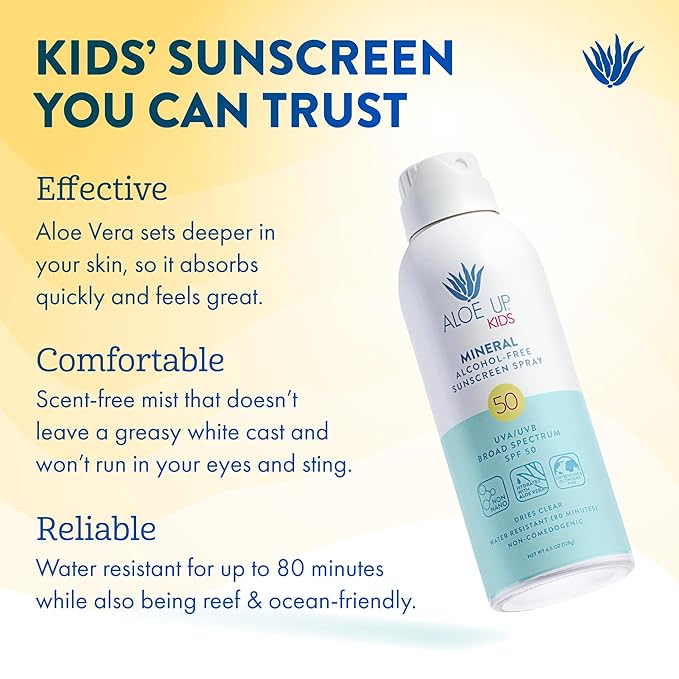 Aloe Up Kids Broad Spectrum Mineral Sunscreen Spray SPF 50 - Alcohol-Free Face and Body Sun Protector for Sensitive Skin - With Gen2 Zinc Oxide and Aloe Vera - Reef Safe - Fragrance-Free - 4.5 Oz