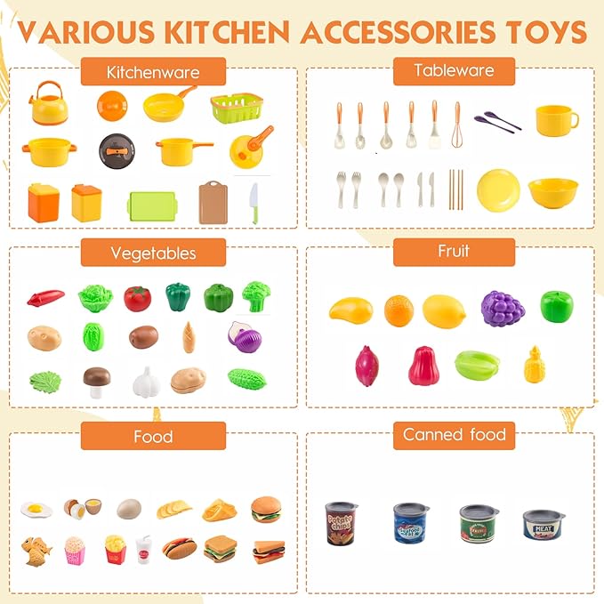 118Pcs Mini Play Kitchen Accessories for Kids, Pretend Cooking Playset with Cookware, Tableware & 2 Fruit Sets, Learning Gift for Girls, Boys, Toddlers, Yellow