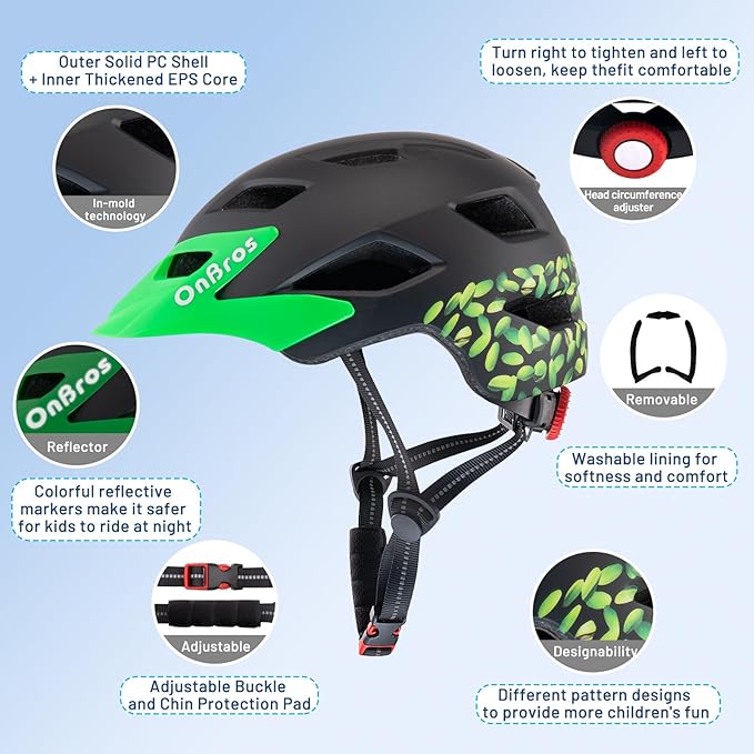 OnBros Kids Bike Helmet - Bike Helmets for 5-14 Boys or Girls with Visor, Children Bicycle Helmet for Skateboard Mountain Scooter Road Cycling, Lightweight and Adjustable 50-57CM