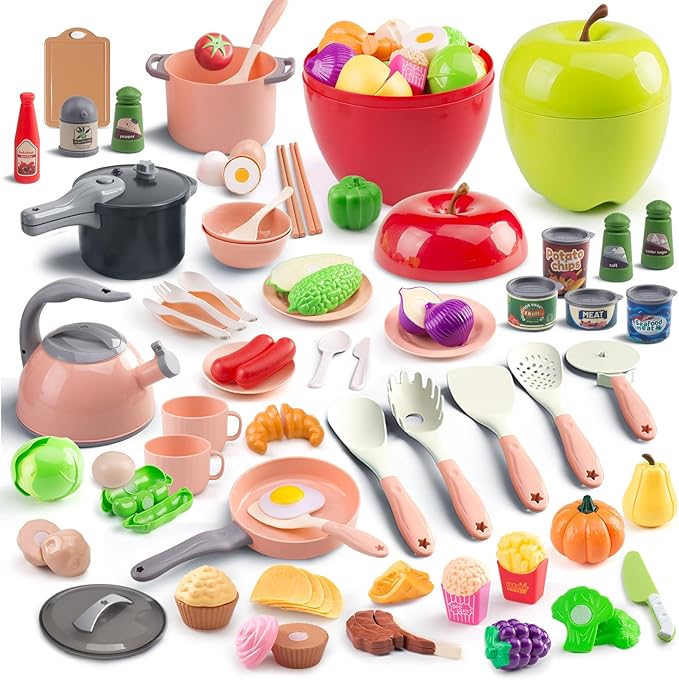 100Pcs Kitchen Playset, Kids Pretend Cooking Play Pots, Pans, Utensils, Cookware, Toy Food Fruits Veggies, with 2 Large Apple - Shaped Storage, Toddler Cooking Learning Gift(Pink)