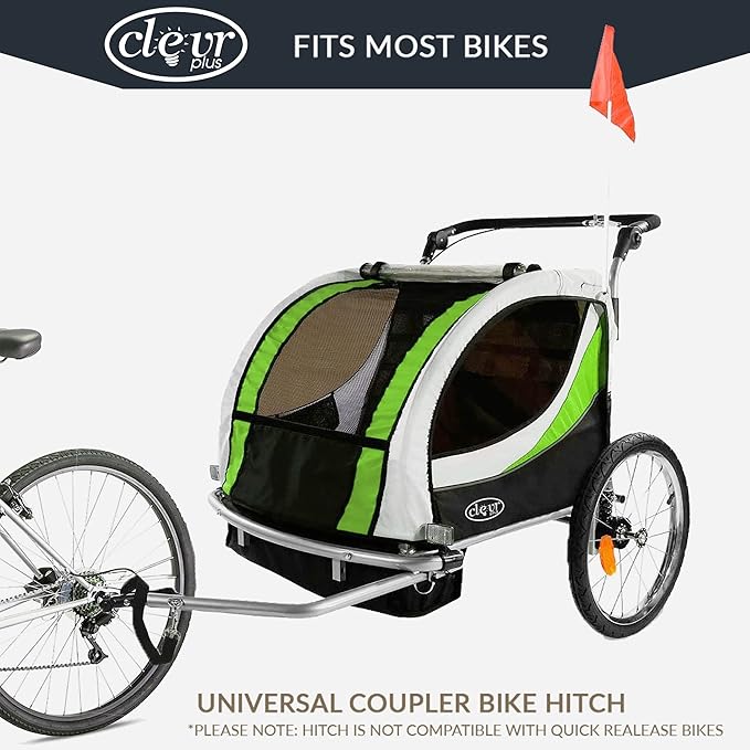 ClevrPlus Deluxe 3-in-1 Double 2 Seat Bicycle Bike Trailer Jogger Stroller for Kids Children | Foldable Collapsible w/Pivot Front Wheel