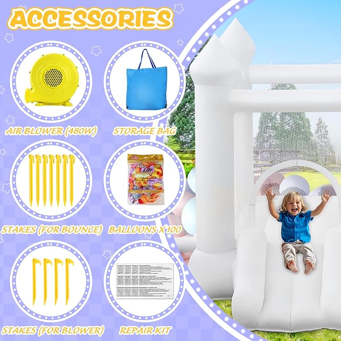 White Bounce House for Kids 3-8, Large Inflatable Bouncy House with Air Blower Slide Ball Pit Jumping 100 Balloons, Bouncy Castle for Party Birthday Wedding Event Indoor Outdoor (10x6x6FT)