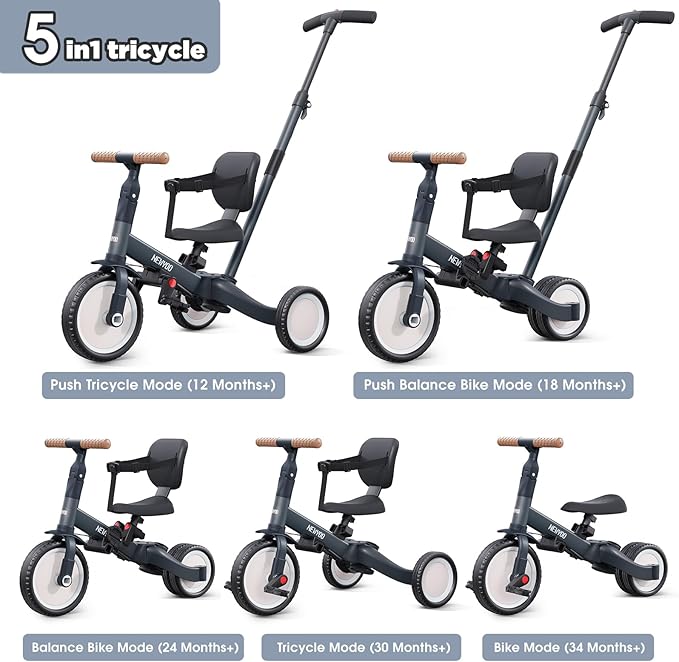 newyoo Tricycle for Toddlers 1-3, Toddler Bike, Trike with Push Handle, Perfect Boys and Girls Birthday Gift and Toys, Balance Bike with Backrest and Safety Belt, TR007, Dark Gray