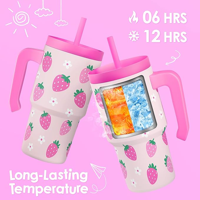 Strawberry Tumbler 20oz with Handle and Silicone Straw Lid for Kid, Insulated Stainless Steel Cup, Gift for Kids Girls, Gifts Idea for Birthday Christmas Back to School
