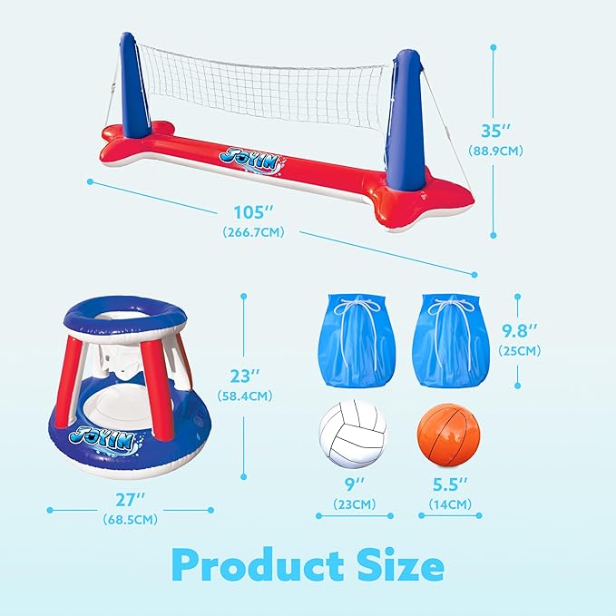 JOYIN Inflatable Pool Float Set Volleyball Net & Basketball Hoops, Balls Included for Kids and Adults Swimming Game Toy, Summer Floaties, Volleyball Court |Basketball,L-Red