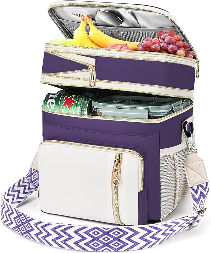 LOKASS Lunch Box for Women-16L-Insulated Lunch Bag Women, Expandable Double-layer Leakproof Cooler Bag with Upgrade Adjustable Shoulder Strap Ideal for Work/Picnics（Purple）