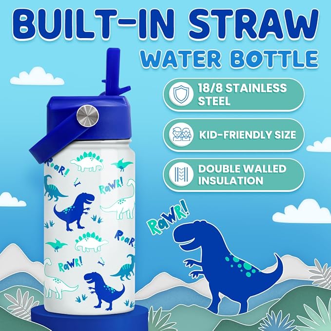 SANDJEST Dinosaur 12 oz Insulated Stainless Steel Water Bottle with Straw Lid - Thermos for Kids & Teens - School, Sports, Travel Cup