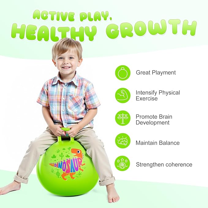 PlayZap Hopper Ball for Kids 3-8,18 Inch Green Dinosaur Bouncy Ball with Handle, Inflatable Hippity Hop Bounce Hopping Toys Indoor Outdoor for Boys Girls Gifts