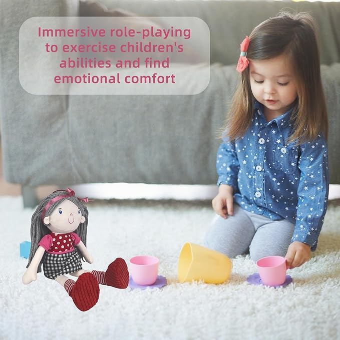 13” Soft Baby Doll Toy, Plush Rag Doll Featuring Gray Flowing Hair, Pink Headband, Polka - Dot & Checkered Dress, Ideal Stuffed Toy for Kids' Gifting & Play