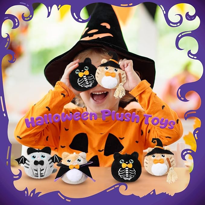 Soulchen 8 Pcs Halloween Stuffed Animal 4 Inch Plush Cat Toys Bulk Mini Halloween Plushies with Keychain Small Kawaii Plush Kitten Characters Trick or Treat Goodie Bag Fillers Party Favors