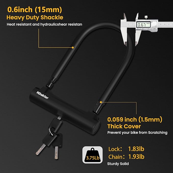 NDakter Bike Locks Heavy Duty Anti Theft, Bike U Lock with 4FT Chain and Bracket,15mm Shackle Electric Bicycle Lock for Scooter, 3 Keys Motorcycle Wheel Lock for Ebike, Moped, Tricycle