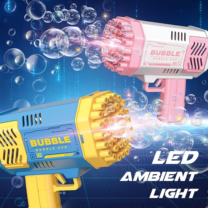 Dolanus Bubble Gun 2 Pack with 2 Bottles Bubble Solution, 40-Hole Light Up Dip Bubble Machine for Kids, Bubble Toy for 3 4 5 6 7 8 Years Old Boys Outdoor Indoor Kid Birthday Wedding Party(Blue&Pink)