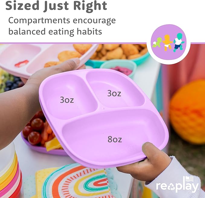 Re-Play Toddler Plates with Dividers & Silicone Lid - Deep-Walled 3 Compartments Divided Plates for Kids - Dishwasher/Microwave Safe - Made in USA - Set of 4-7.37" x 7.37" x 1.25" - Princess