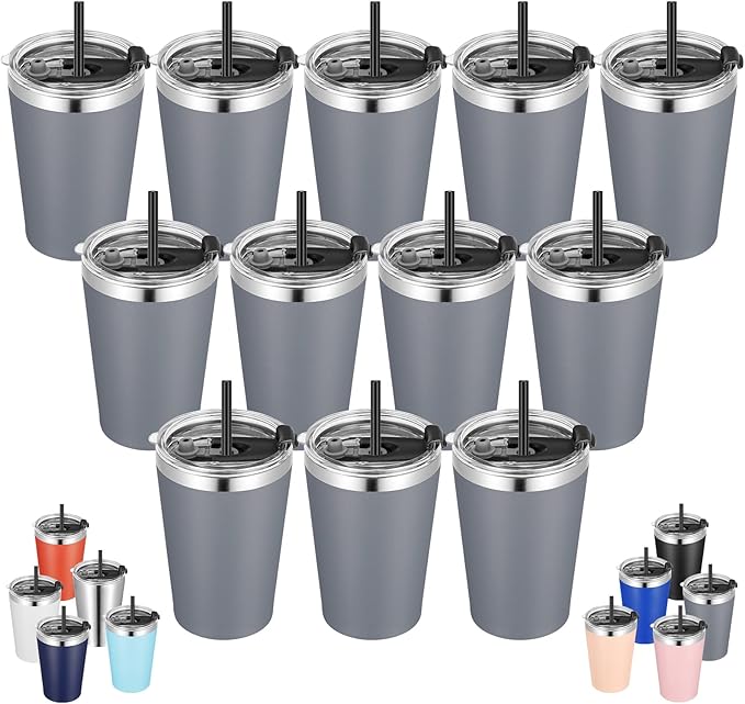 VEGOND 12oz Tumbler Stainless Steel Tumbler bulk Vacuum Insulated Double Wall Travel Tumbler with Lid and Straw Reusable Tumbler, Grey 12 Pack