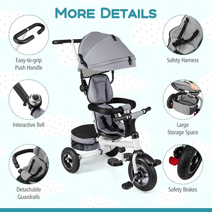 Costzon 5-in-1 Folding Kids Tricycle with Adjustable Push Handle & Canopy, Reversible Seat and Safety Harness, Push Trike with Storage for Toddler Aged 1-5 Years Old, Blue/Gray/Pink