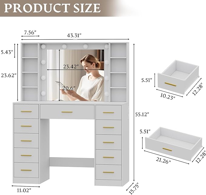 Makeup Vanity with Drawers, 43" White Vanity Desk with Mirror and Lights, 11 Drawers & 4 Shelves, Power Outlet & Adjustable LED Lights, Dressing Table for Women & Girls Bedroom