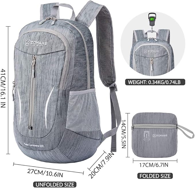 ZOMAKE 25L Ultra Lightweight Packable Backpack, Foldable Hiking Backpacks Water Resistant Small Folding Daypack for Travel(Medium Grey)