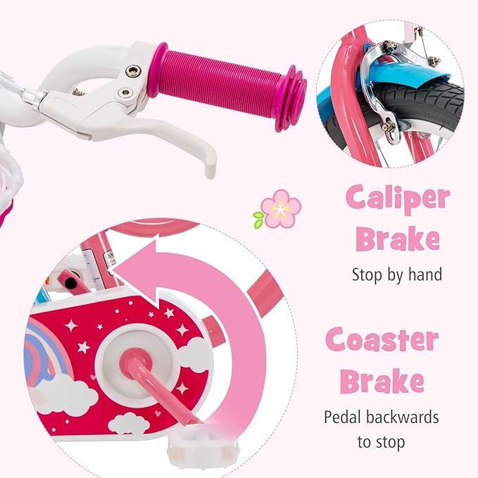 BABY JOY Kids Bike, 12 14 16 18 Inch Children Bicycle w/Detachable Training Wheels, Storage Basket, Adjustable Seat & Handlebar, Bow or Streamer, Girls Bike for 3-8 Years Old