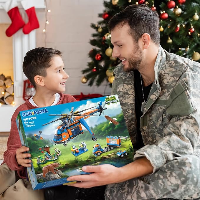 City Jungle Adventurer Helicopter Building Toys - 1356PCS Forest Truck Adventure Building Set with Car Crocodile Brown Bear Wildlife Rescue Blocks Playset Gift for Adults Kids Boys 6+ Years