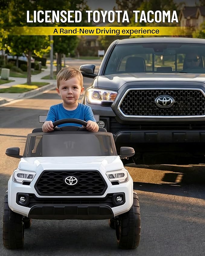 Blitzshark 12V Kids Ride on Car Licensed Toyota Tacoma Battery Powered Motorized Electric Vehicle, with Remote Control, Digital Display, Spring Suspension, Storage Space, Music &FM, White