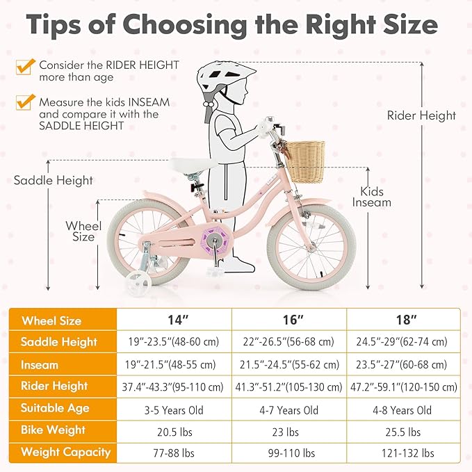 COSTWAY Kids Bike, 14 16 18 Inch Toddler Bike with Training Wheels, Basket, Adjustable Seat & Handlebar, Hand & Coaster Brakes, Bell, for Girl Boy Aged 3-8 Years Old