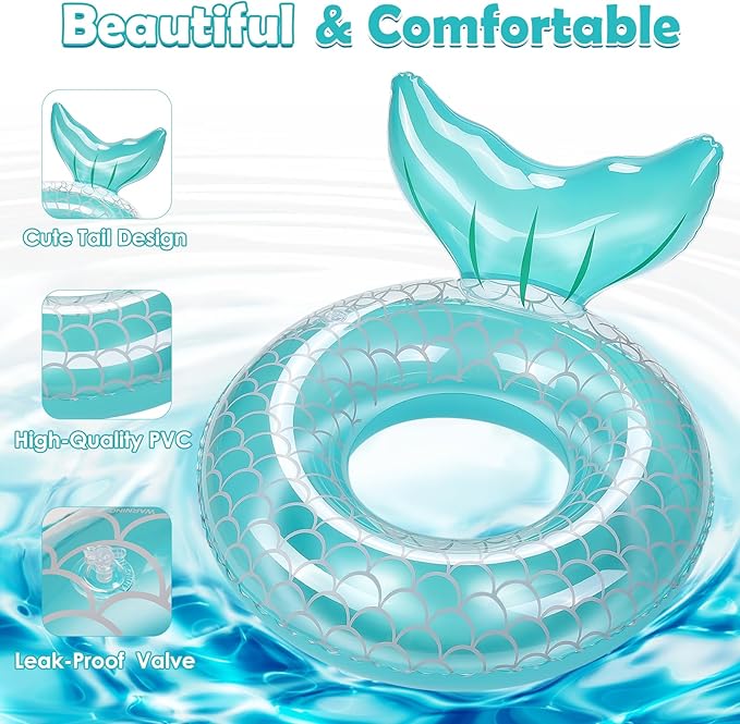 HeySplash Pool Floats Kids, Inflatable Swimming Ring Mermaid Tail Shaped Swim Tube Floaties, Summer Water Fun Beach Party Swimming Pool Toys for Kids Children Water Activities, Rose Gold + Blue