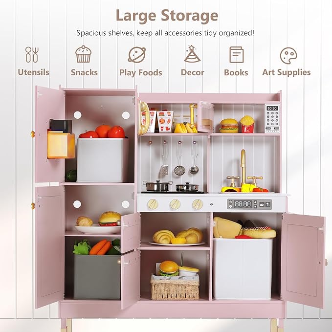 Kinder King Wooden Kids Play Kitchen, Kitchen Playset for Toddler Kid, Play Kitchen Toy Set w/Real Sounds, Pretend Microwave Oven, Ice Maker, Telephone, Gift for Boys Girls Age 3+, Pink