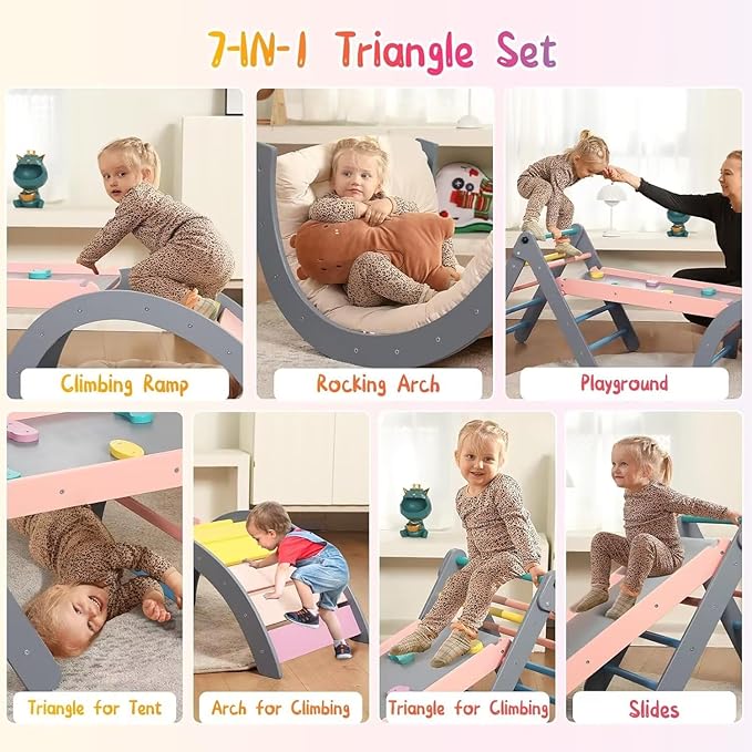 Pikler Triangle Set with Cushion, 7 in 1 Toddler Climbing Toys Indoor, Montessori Foldable Climbing Set, Wooden Climbing Toys for Toddlers Inside with Ramp, Arch and Ladder (Rainbow with Blue)