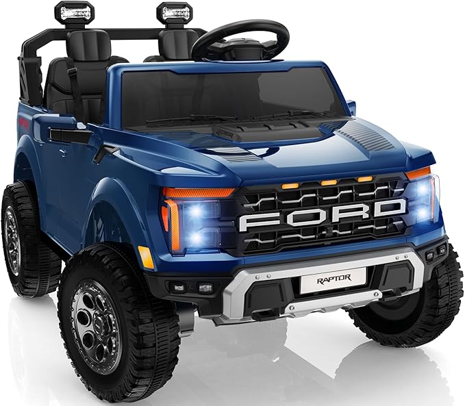 First Ride On Licensed Ford F-150 Raptor 2 Seater Ride on Car for Kids, 24 Volt Ride on Toys for Boys w/Remote Control, Kids Electric Car w/LED Lights, Bluetooth, Truck Bed Storage, Soft Start (Blue)