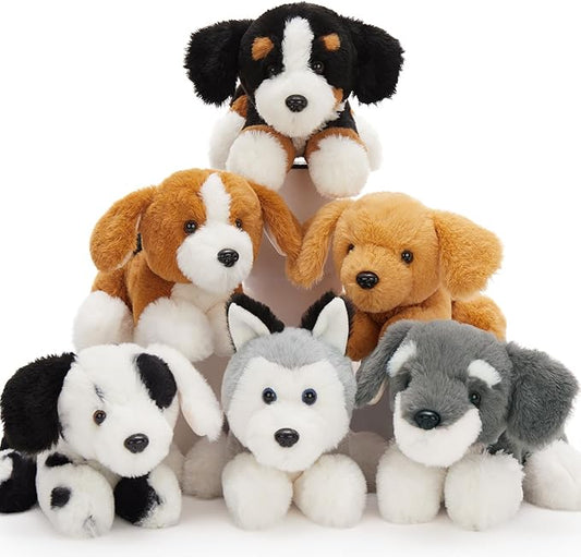 Tezituor 6 Pcs Bulk Stuffed Animals, Fluffy Assorted Stuffed Puppy Plush Toys for Kids, 11" Schnauzer, Husky, Bernese, Golden Retriever, Beagle, Spotted Dog Doll Set for Dog Themed Party Favors Gift