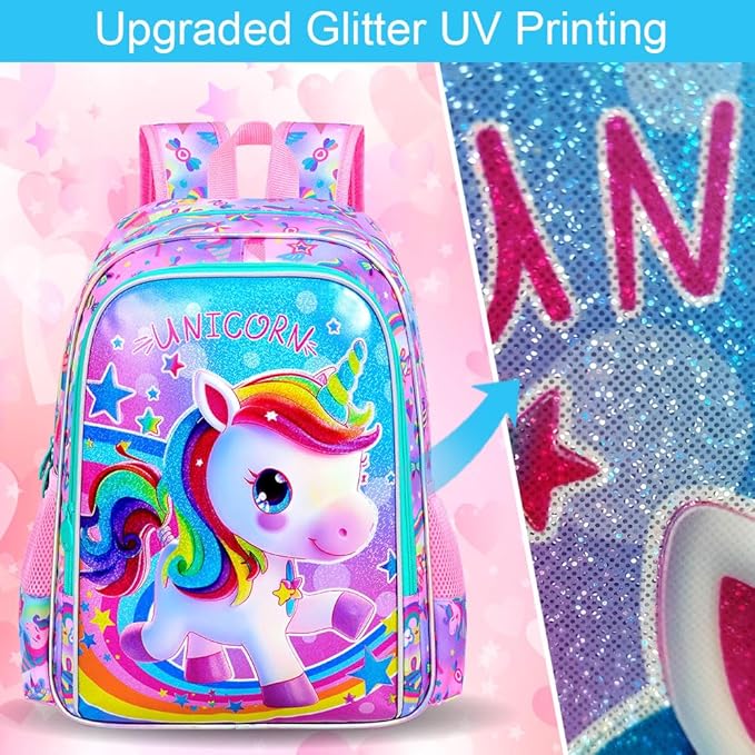 CCJPX 3PCS Kids Backpack for Girls, 16”Unicorn Preschool Bookbag Set, Cute Water Resistant School Bag for Elementary Kindergarten Toddler