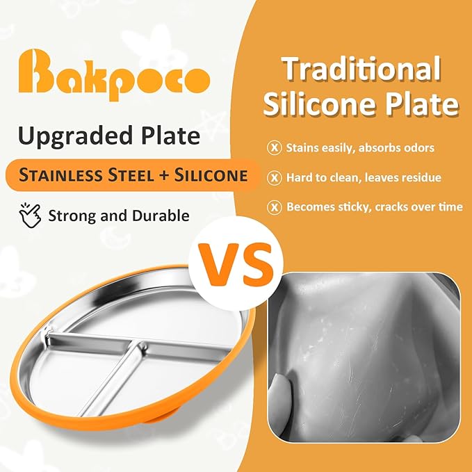 Stainless Steel Suction Plates for Toddlers, 9" Divided Kids Baby Plates with Removable Silicone Suction, Non Toxic Non Slip Portion Control Snack Dishes 3 Packs, Bright Orange/Blue/Green