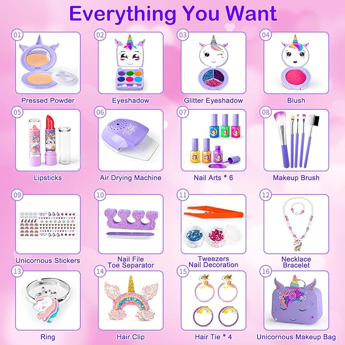 Kids Makeup Kit for Girl - 2 in 1 Kid Washable Makeup Toys & Nail Art Kit with Unicorn Cosmetic Case, Play Makeup for Girls, Real Girl Make up Sets for Christmas Birthday Gifts Toys for 3-12 Year