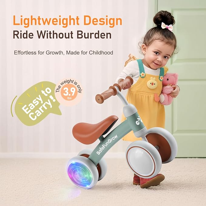 Colorful Lighting Baby Balance Bike Toys for 1 Year Old Girl Gifts, Balance Bike 1 Year Old No Pedal, 12-24 Months Toddler Ride on Toys with 4 Silent Wheels & Soft Seat, 1st Birthday Gifts, Green