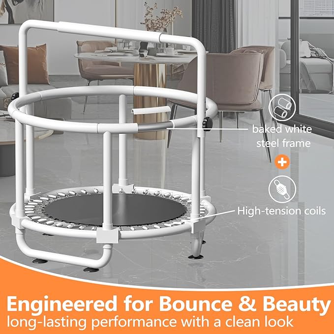 55" Kids Indoor Trampoline with Safety Net, Adjustable Gymnastics Bar & Toys – Indoor/Outdoor Toddler Play Gym for Boys & Girls Ages 3+, Birthday Gifts (White (Powder-Coated))