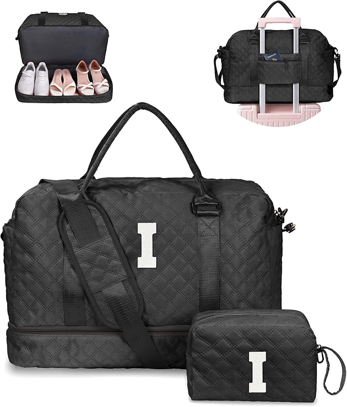 Gifts for Friends-Initial Duffle Bag with Shoe Compartment, Personalized Weekender Bag, Monogram Overnight Bag, Travel Bag with Makeup Bag，Birthday Gifts Bag for Daughter Sister (Letter I)