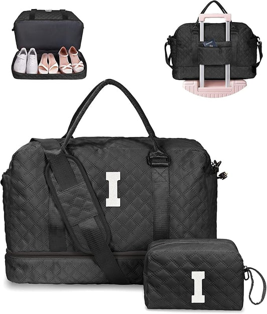 Gifts for Friends-Initial Duffle Bag with Shoe Compartment, Personalized Weekender Bag, Monogram Overnight Bag, Travel Bag with Makeup Bag，Birthday Gifts Bag for Daughter Sister (Letter I)
