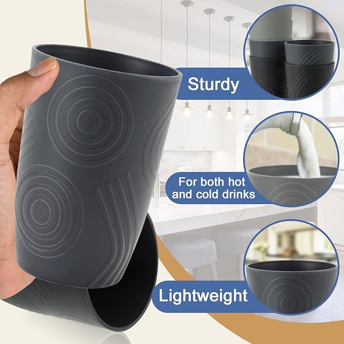 Wheat Straw Cups 6 PCS - 16 OZ Drinking Glasses, Unbreakable Drinking Cup, Water Tumbler for Kitchen, Alternative to Plastic Cups Reusable Microwave and Dishwasher Safe (Black, Grey)