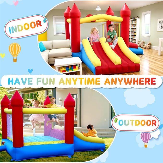 Dual Slide Bounce House, Inflatable Bouncy Castle with Blower, 5in1 Indoor Outdoor Children's Bouncer Jumper Playhouse w/Basketball Rim and Carry Bag, for Kids 3-12 (12‘D x 10’W x 6.7‘H)