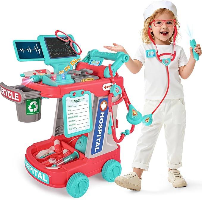 Doctor Kit for Kids, Pretend Play Medical Toy Doctor Cart, Doctor Toy for Toddlers 3-5, Christmas Birthday Costume Role Play Dress Up Gift Ideas for Boys Girls