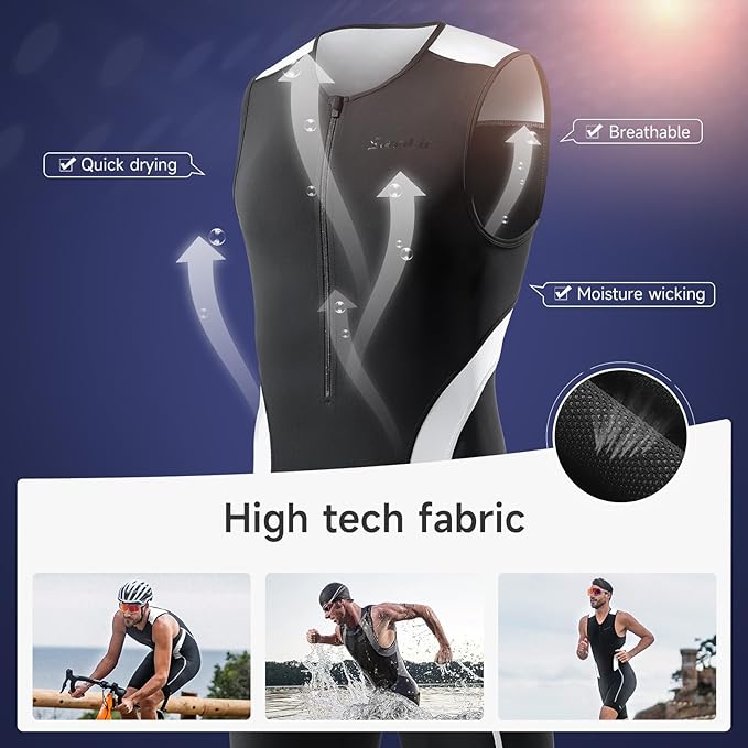 Santic Men's Triathlon Suit Sleeveless Skinsuit Padded Quick-Dry Swim Bike Run with Pockets