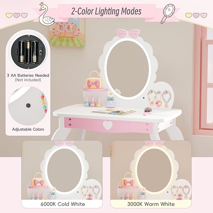 MU Kids Vanity Set with Lighted Mirror and Stool, Kids Makeup Vanity Desk with Storage Space, Bow Pattern for Little Girls, Toddler Princess Makeup Dressing Table with Chair Set, White