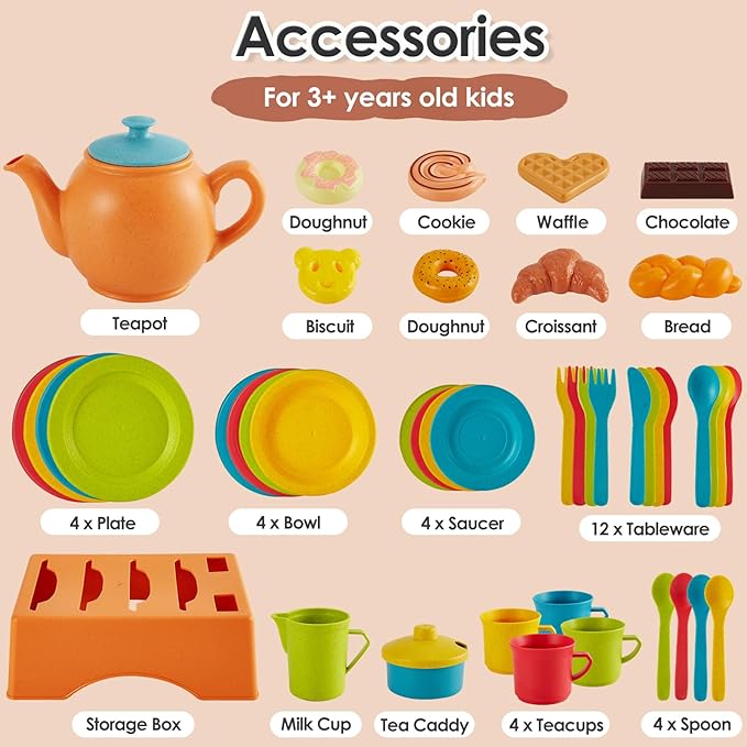 Buyger Play Kitchen Accessories, Play Dishes Plates and Utensils Tea Party Set Food Dessert Toys Gifts for Ages 3 4 5+ Years Old Kids Toddler Children