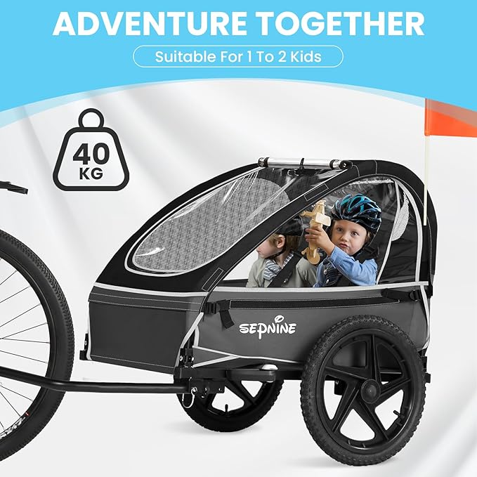 Sepnine Kids Bike Trailer, Suitable for 1 to 2 Kids, 12+ Months, Quick Attach to Bike, Foldable, with 5-Point Harness and Storage Bags